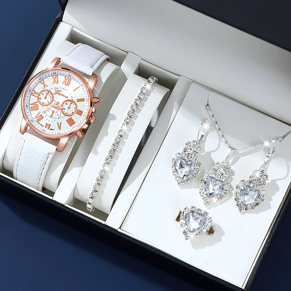 Fashion Quartz Watch and Jewelry Set, Shock Resistant Circular Analog Digital Display, PU Leather Strap, Zinc Alloy Case - 3