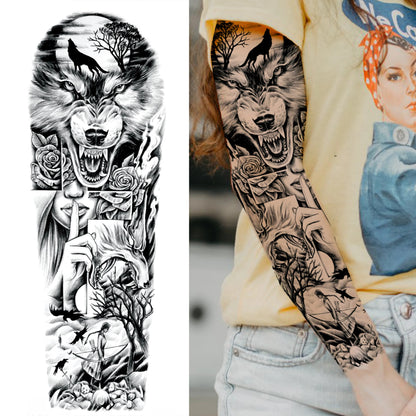 1 Sheets Wolf Lion Tiger Maori Temporary Tattoos For Men Women Adults Full Sleeve Arm Flower Rose Skull Tattoo Sticker Decor 