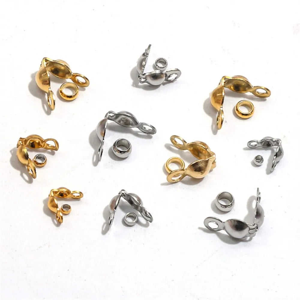 50pcs Stainless Steel Crimp Bead Tips Knot Covers Clamshell Fold-Over Bead Tips with 50pcs End Caps for Jewelry Making Craft 