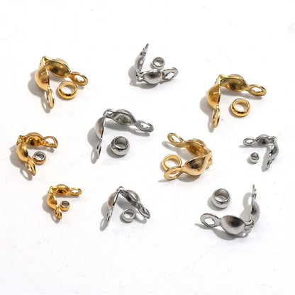 50pcs Stainless Steel Crimp Bead Tips Knot Covers Clamshell Fold-Over Bead Tips with 50pcs End Caps for Jewelry Making Craft 