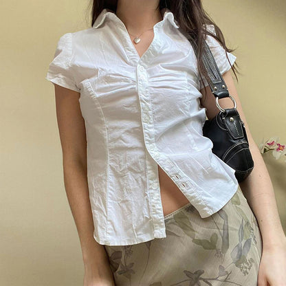 Women Short Sleeve Button Down Shirts Vintage Stripe Print Slim Fitted Cropped Collared Blouse Elegant Lady Business Shirts -