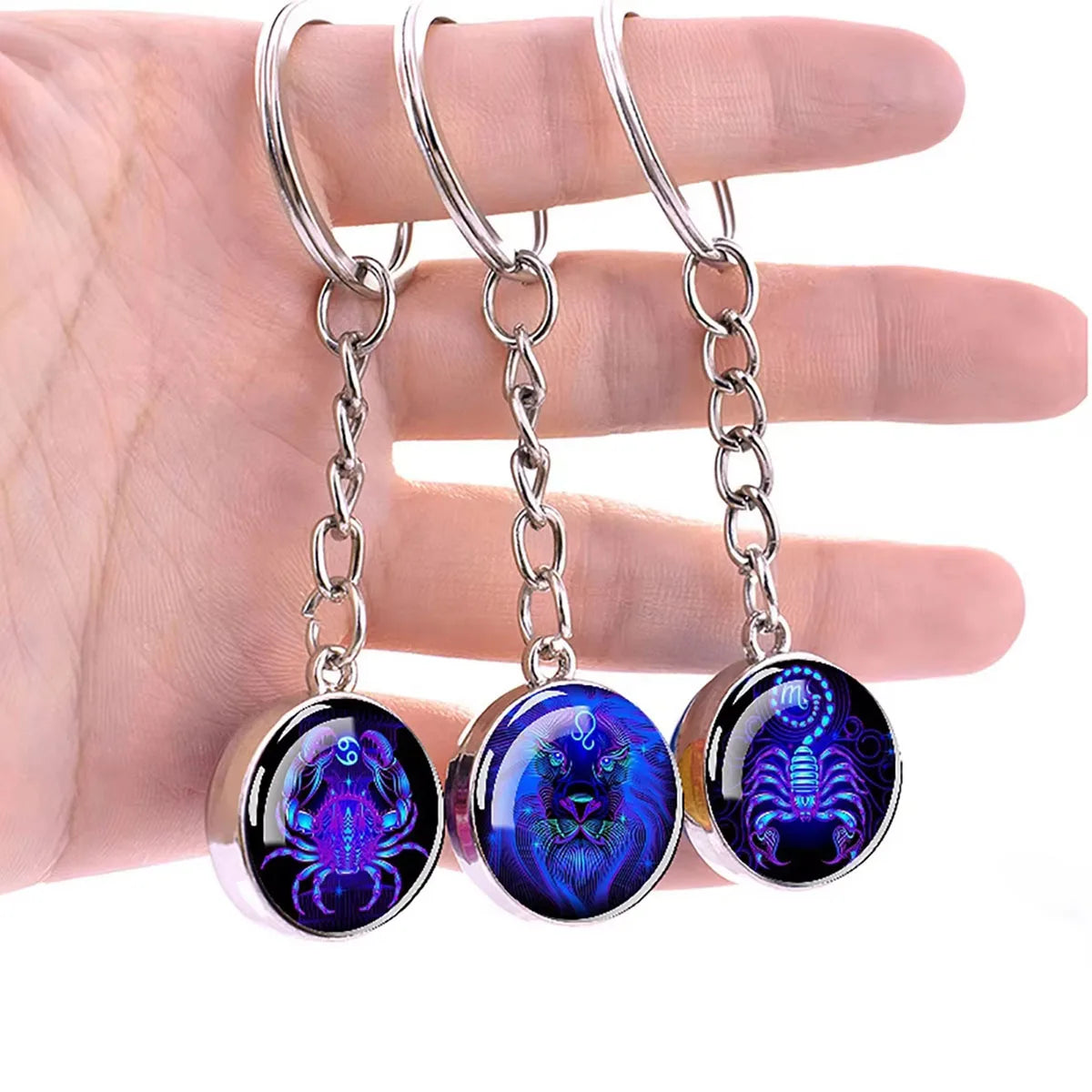 12 Constellation Key Chain Luminous Double Sided Glass Ball Pendant 12 Zodiac Key Chain Fashion Birthday Gift for Men and Wom