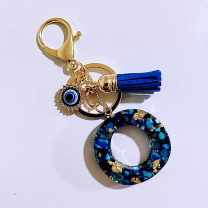 Blue Resin Initial Keychain - Evil Eye Letter Charm with Rhinestones & Tassel, Stylish Gift for Women, Lobster Clasp Accessor