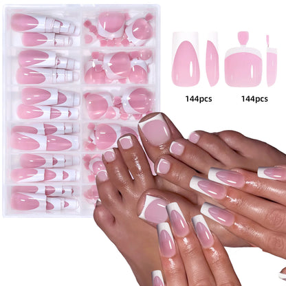 144pcs French hand and foot wear nail set summer short square shiny false toenail acrylic full coverage suitable for nail sal