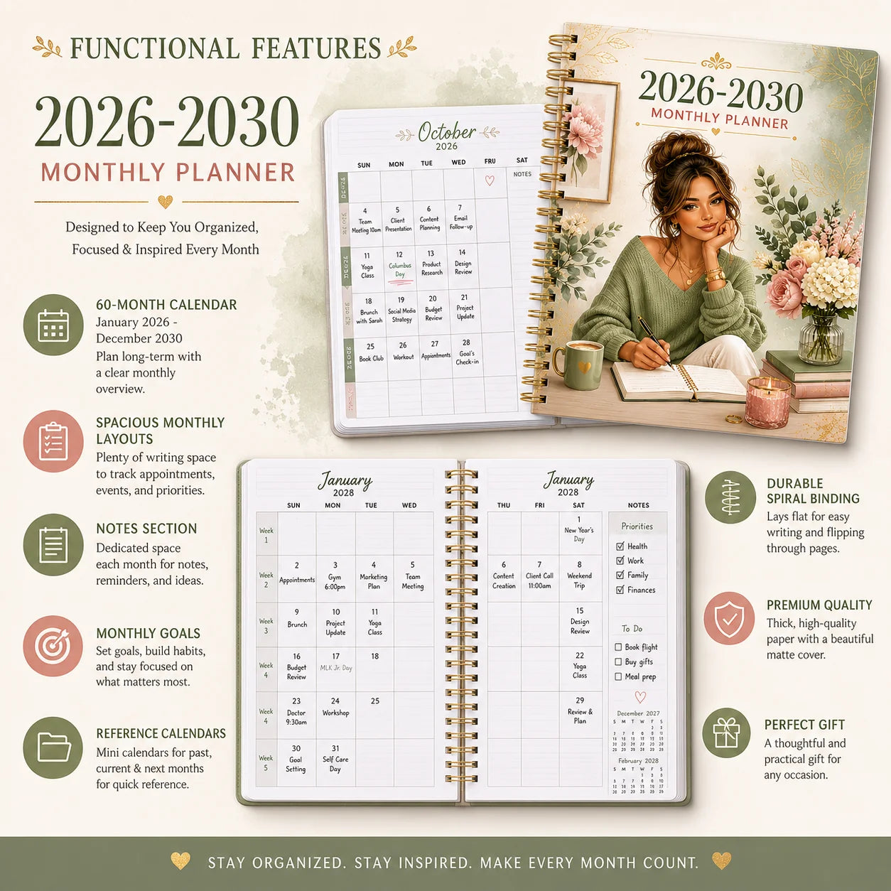 2026-2030 Monthly Planner Journal, A5 Spiral-Bound Life Organizer with Weekly & Monthly Views, Perfect for Work, School & Per