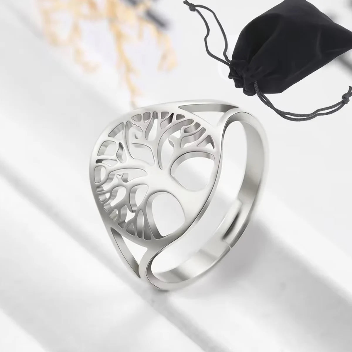 Tree of Life Ring Steel Gold Color Adjustable Finger Rings Jewelry Anniversary Gifts for Women