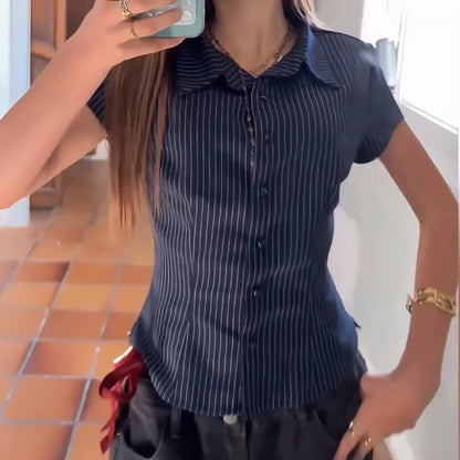 Women Short Sleeve Button Down Shirts Vintage Stripe Print Slim Fitted Cropped Collared Blouse Elegant Lady Business Shirts