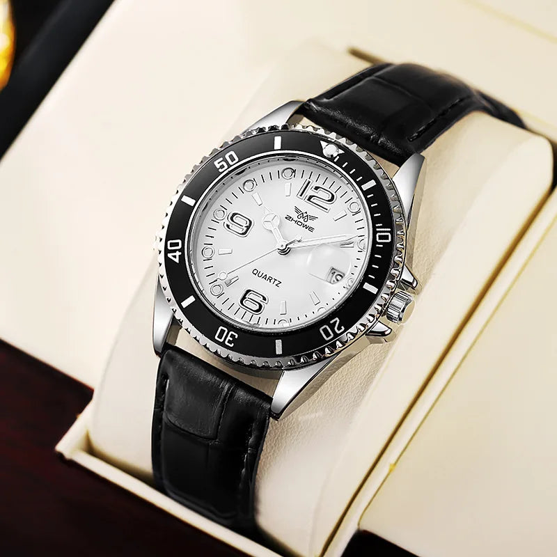 Fashion Calendar Men Business Watches Leather Strap Quartz Wristwatch for Male Clock Reloj Hombre (without box) - Black White