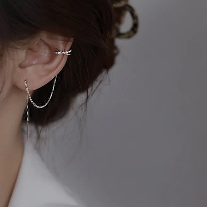Silver Color Crystal Tassel Non-Piercing Cuff Ear Clip Earring For Women Shiny Rhinestone Chain Fake Cartilage Piercing Jewel