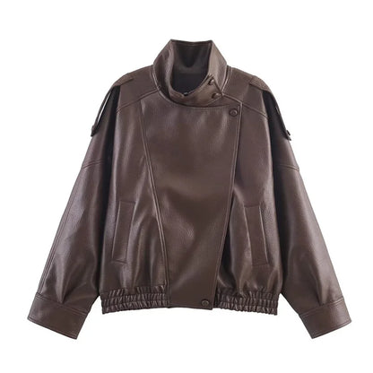 Women's Jacket 2026 Autunm New Black Long Sleeve Pebble Faux Leather Jacket Motorcycle Style Personality Fashion