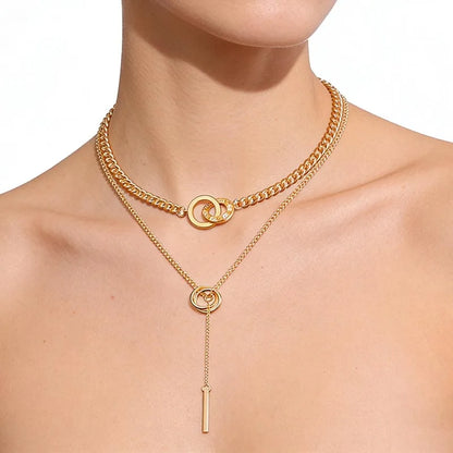 Golden Plated Lariat Necklace for Women Fashion Double Laryered Long Chain Drop Pendant Choker Necklaces Fashion Gifts