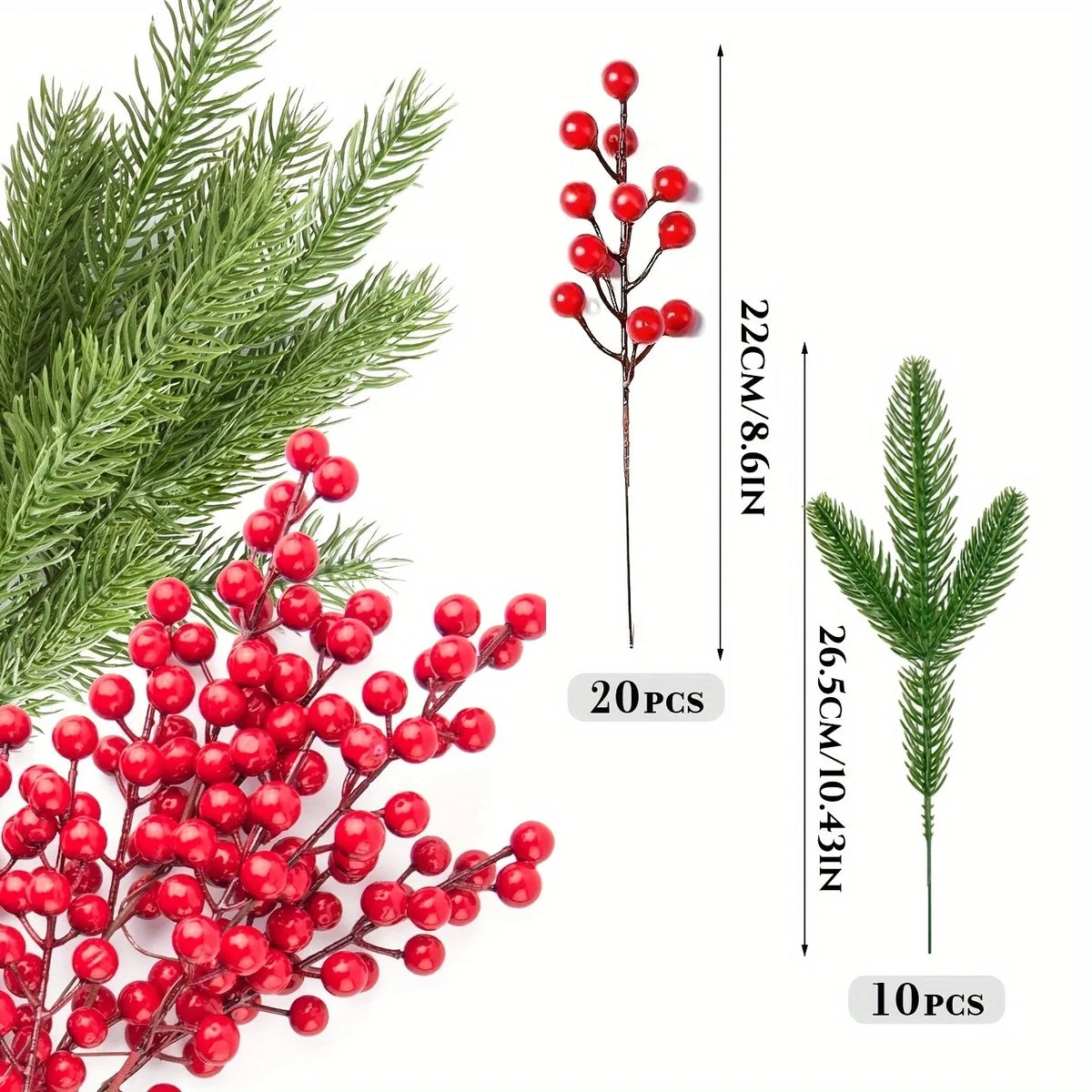 10Pcs Christmas Decoration Artificial Pine Branches Holly Berries Red Berry Branches for Christmas Tree Wreath Gifts Decorati