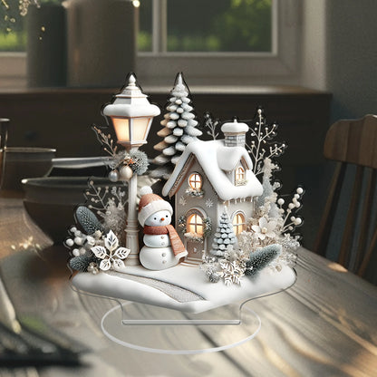 2D White Snow Scenery Christmas House Tree Acrylic Ornaments Base-Mounted Tabletop Home Office Attractive Festival Decor Gift