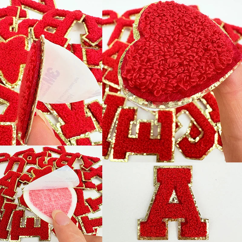 Red Letters Sticker Patch Alphabet Towel Embroidered Chenille Patches for Clothing Bags Jacket Stick on Accessories Applique