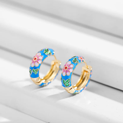 Vintage Enamel Flowers Cute Huggies Hoop Earrings for Women Classic Colorful Engraved Round Circle Ear Buckle Retro Brincos