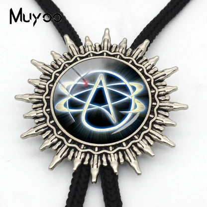 BOLO-0087 Fashion Hot Atheist Atheism Symbol Bolo Ties For Men Handmade Atheist Logo Round Glass Dome Slide Fashion Neck Tie 