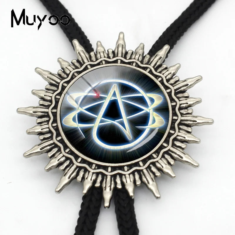 BOLO-0087 Fashion Hot Atheist Atheism Symbol Bolo Ties For Men Handmade Atheist Logo Round Glass Dome Slide Fashion Neck Tie