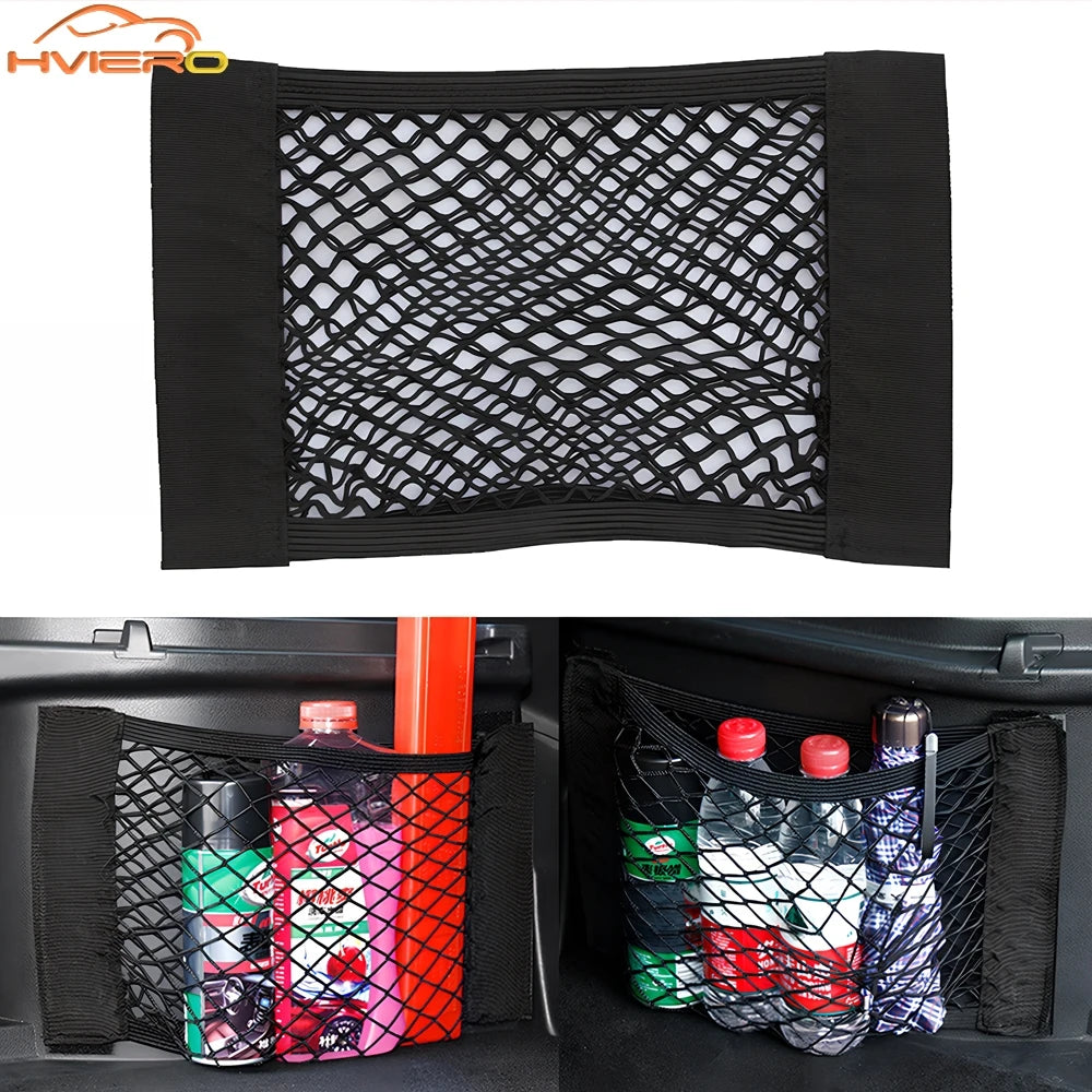1X Car Back Rear Trunk Organizer Net Mesh Seat Elastic String Magic Sticker Universal Storage Bag Pocket Auto Put Paper Stowi