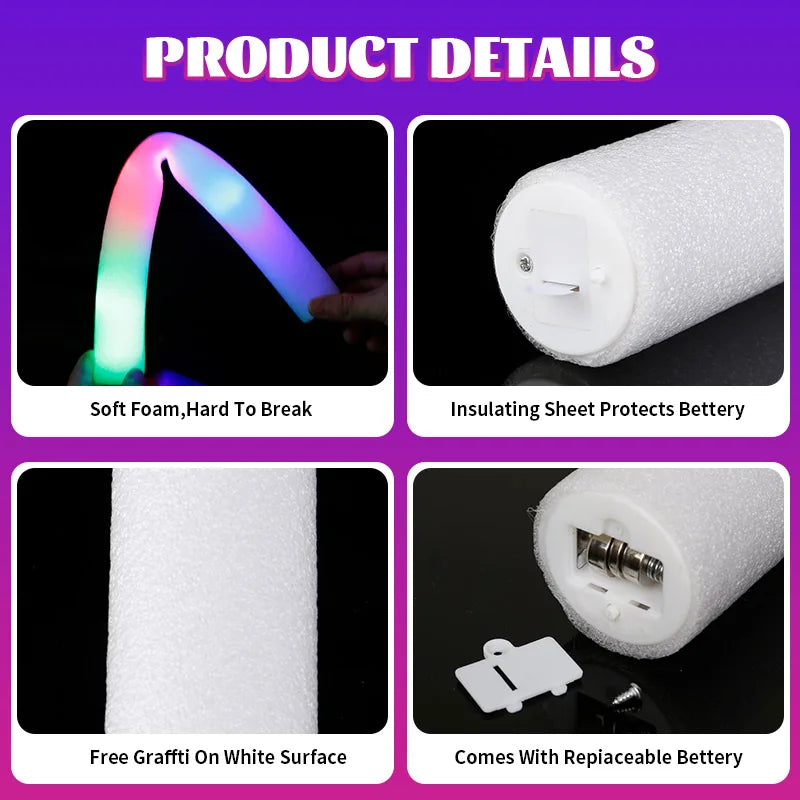 20/30/60Pcs LED Glow Sticks Bulk Colorful RGB Glow Foam Stick Cheer Tube Dark Light for Xmas Birthday Wedding Party Supplies