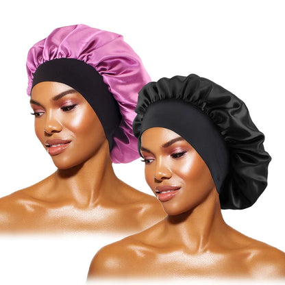 Women's Satin Solid Bonnets Wide-brimmed Night Sleeping Bathing Hat Unisex Head Wrap Elastic Band Cap Hair Care Bonnet - blac