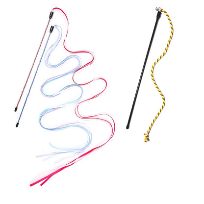 Interactive Cats Toys Long Satin Ribbon Cat Teaser Rod Toy Kitten Playing Teaser Wand Toy Cat Stick Toy - 3pcs