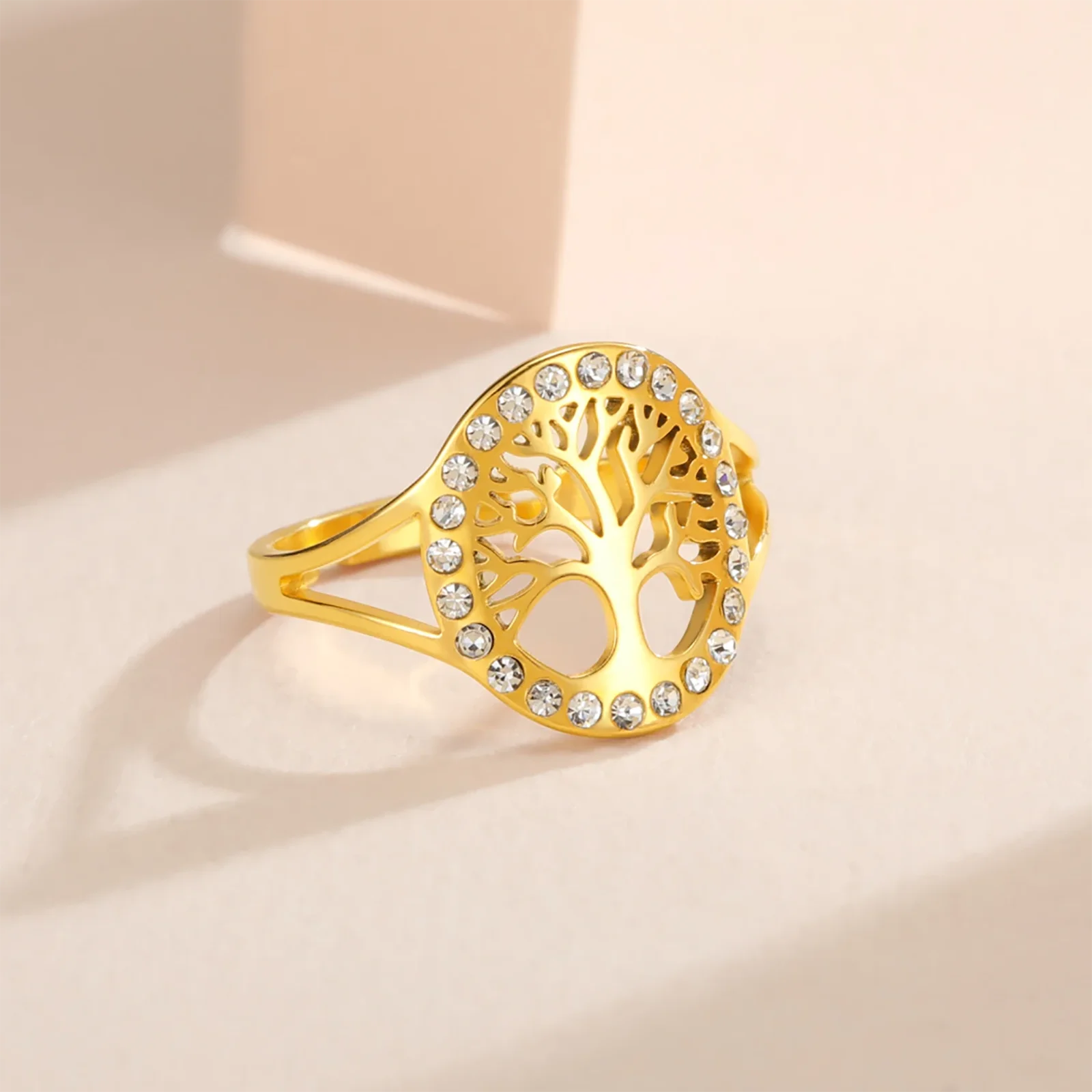Skyrim Tree of Life Clear Zircon Round Ring Stainless Steel Gold Color Adjustable Women Finger Rings Amulet Jewelry