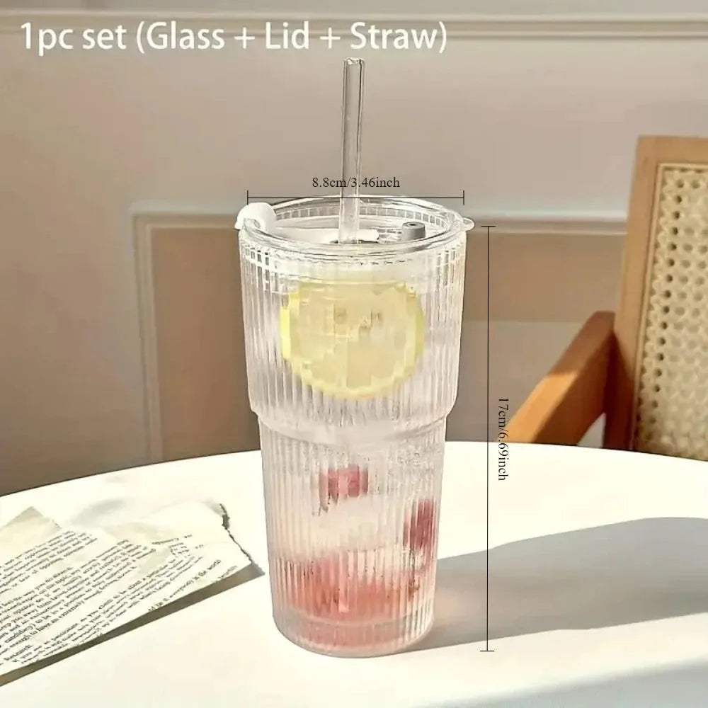 600ml Stripe Glass Cup with Lid and Straw Transparent Drinking Glasses for Juice Water and Iced Coffee Cups Mug Drinkware - 6