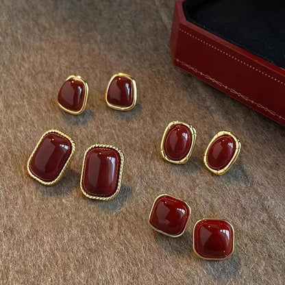 Vintage Enamel Wine Red Metal Stud Earrings for Women Fashion Geometric Square Earrings Elegant Wedding Jewelry Accessories
