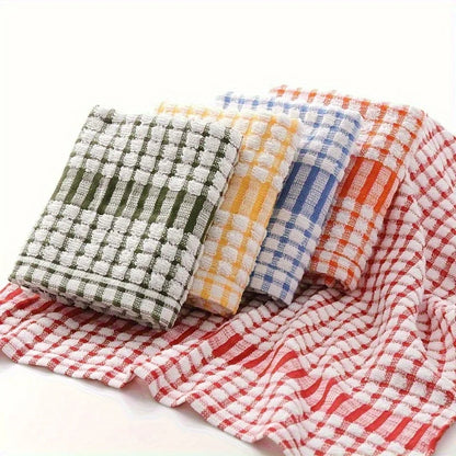 5pcs Absorbent Plaid Dish Towels - Reusable Kitchen Cleaning Cloths in Assorted Colors (Red, Blue, Orange, Yellow, Green)