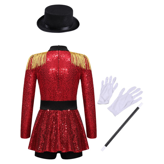 Sequins Girls Magician Circus Performance Costume Outfits Kids Halloween Ringmaster Bodysuit Jumpsuit with Hat Gloves Magic W