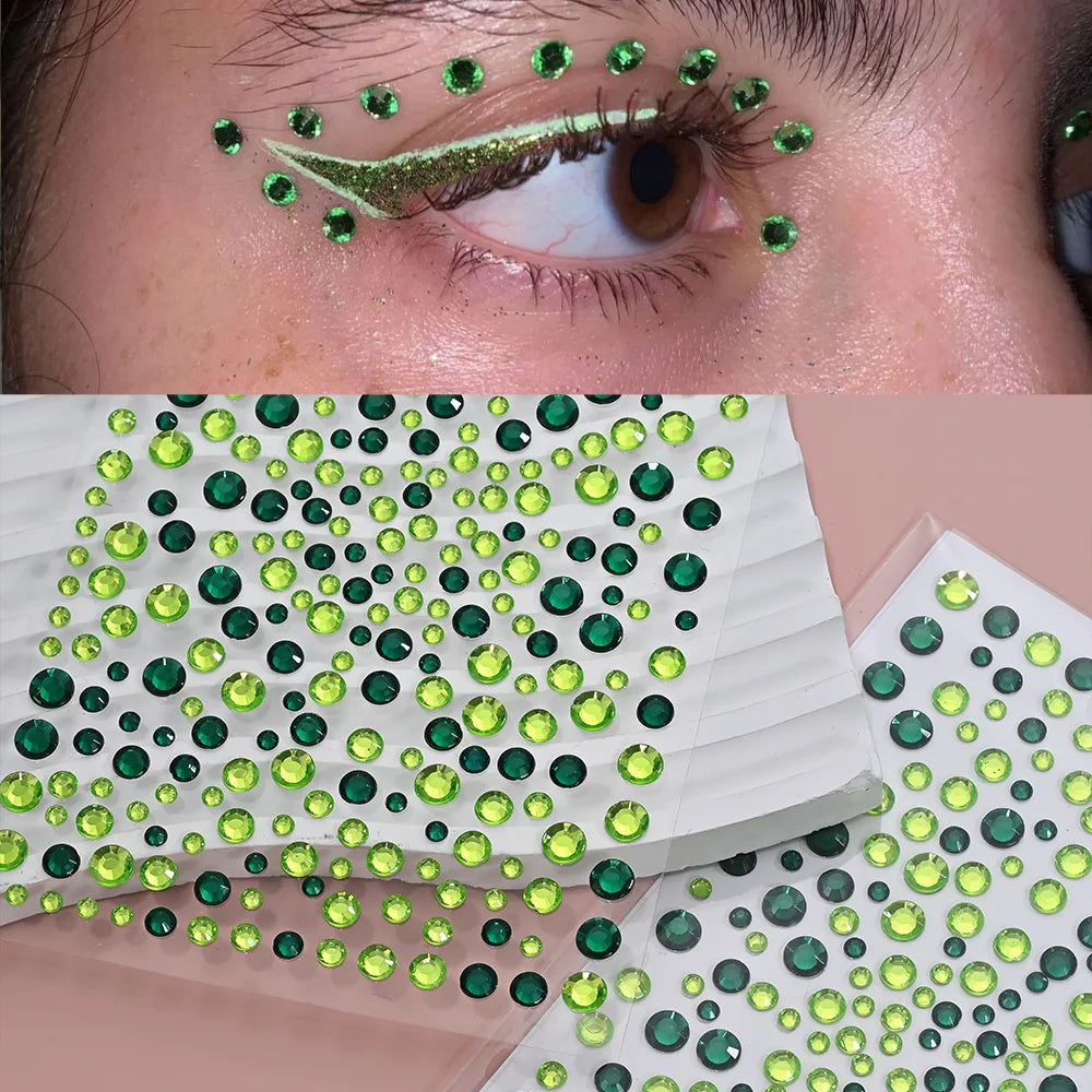 1Pcs 3D Emerald Green Face Jewels Tattoo Stickers Round Rhinestones Temporary Tattoos for Party Makeup DIY Body Diamond Decal