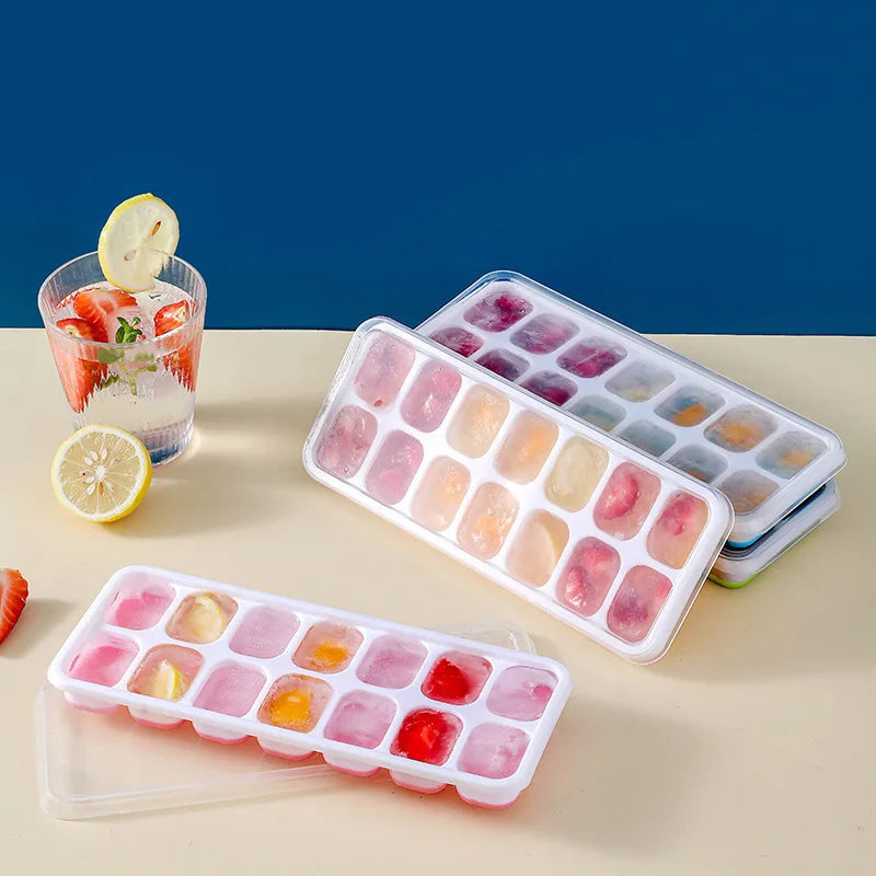 14-Grid Ice Cube Trays Silicone Ice Mold with Removable Lid DIY Homemade Popsicle Mould for Cocktail Freezer Kitchen Bar Tool