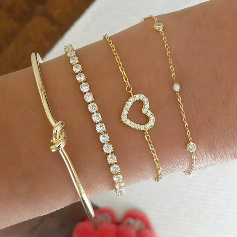 Fashion Elegant Heart Zircon Charm Bracelet Sets for Women Vintage Minimalist Multi-Element Twist Chain Metal Bracelets Jewel
