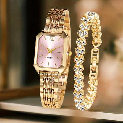 2PCS/Set Fashion Rectangle Women Quartz Watch Ladies Roma Dial Wristwatches Rhinestone Bracelet Set Reloj Mujer Girls Clock G