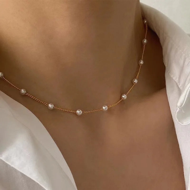 New Beads Women's Neck Chain Kpop Pearl Choker Necklace Gold Color Goth Chocker Jewelry On The Neck Pendant 2022 Collar For G