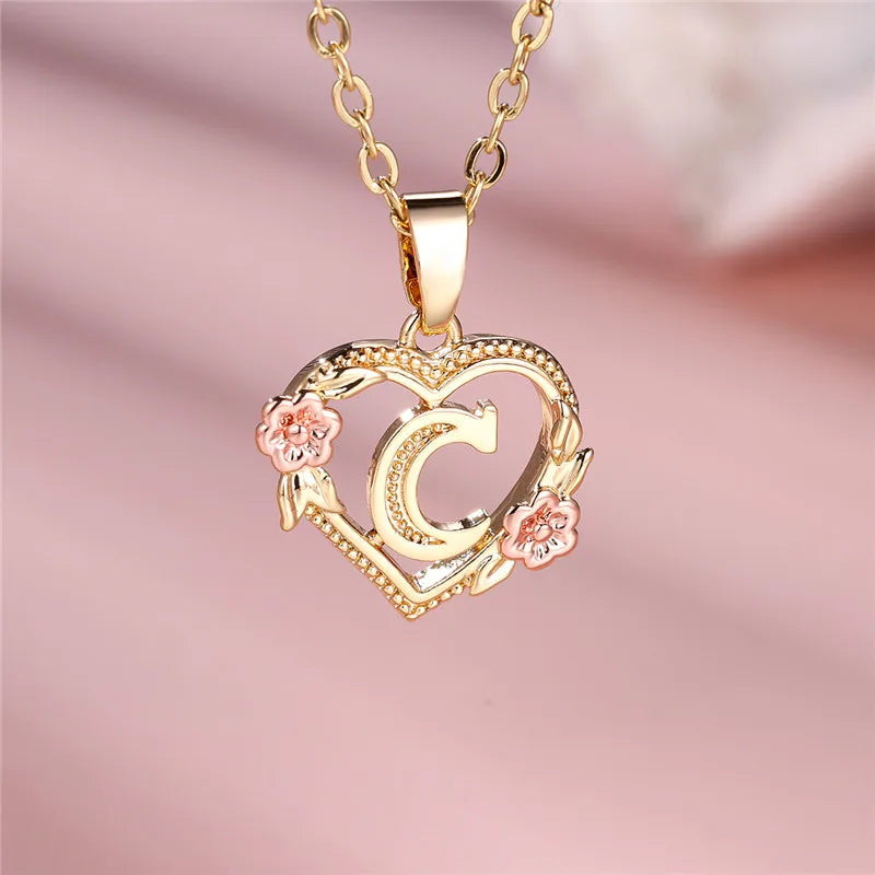 Female A-Z Letter Flower Pendant Necklace Yellow Gold Color Wedding Jewelry Gift For Women - C