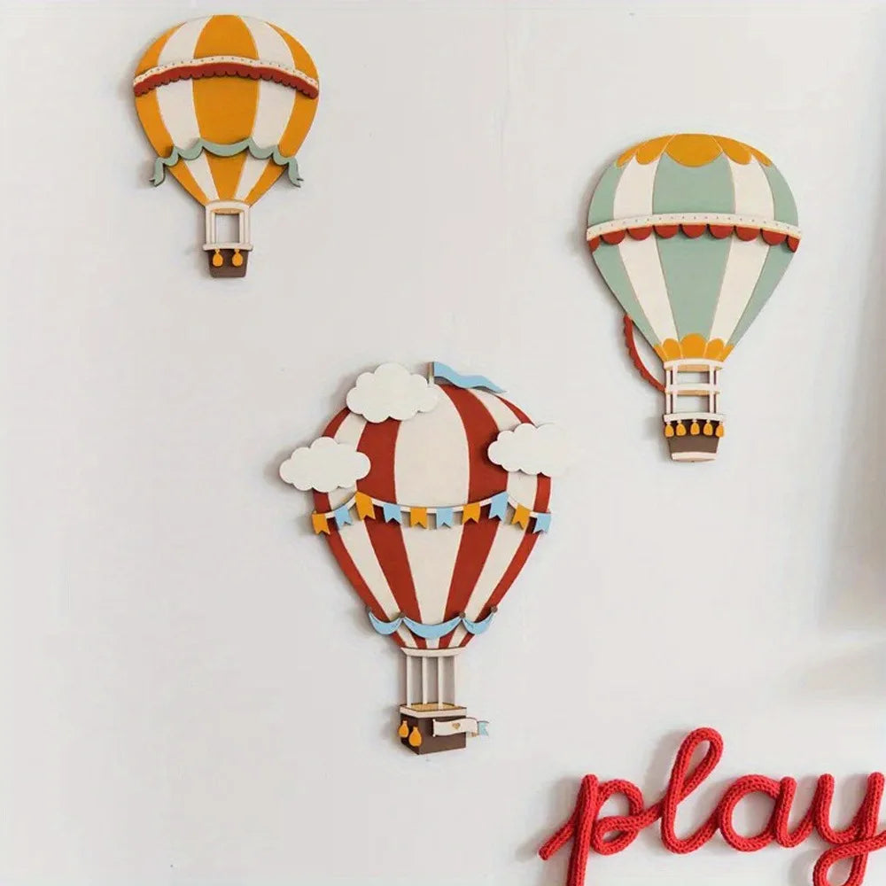 3D Wooden Hot Air Balloon Decorative Panels (Set of 3) - Vintage Style Home Wall Decorations, Colorful Hot Air Balloon Decora