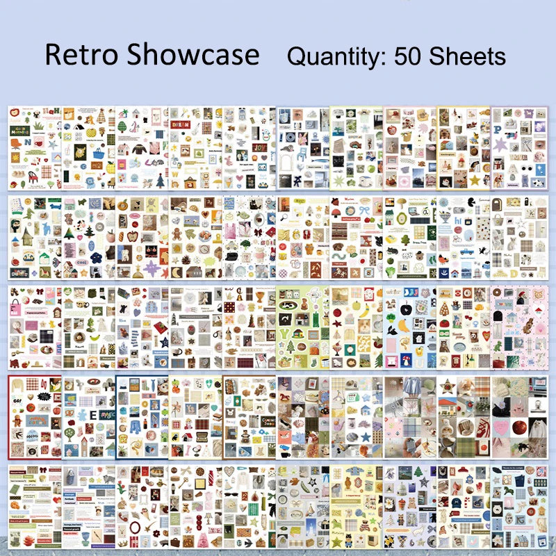 50 Sheets Retro Cartoon Sticker Book Paper Aesthetic Decals for Journaling Scrapbooking Laptop Water Bottle Planner Accessori