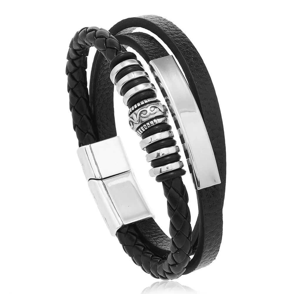 Trendy Leather Bracelets For Men Stainless Steel Bracelet 21CM Multilayer Braided Rope Bracelets for Male Jewelry Gifts - 13