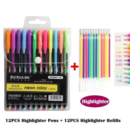 12/24Pcs Metallic Glitter Colors Gel Pens & Pen Refills For School Office Adult Coloring Book Journals Drawing Art Markers