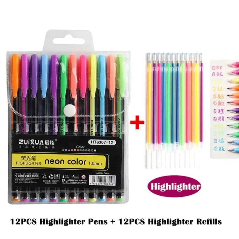 12/24Pcs Metallic Glitter Colors Gel Pens & Pen Refills For School Office Adult Coloring Book Journals Drawing Art Markers - 
