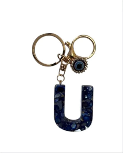 Blue Resin Initial Keychain - Evil Eye Letter Charm with Rhinestones & Tassel, Stylish Gift for Women, Lobster Clasp Accessor