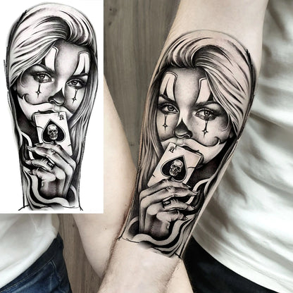 1 Sheet Evil Women Face Joker Mask Temporary Tattoos For Men Women Adults Waterproof Realistic Fake Tattoos Long Lasting Stic