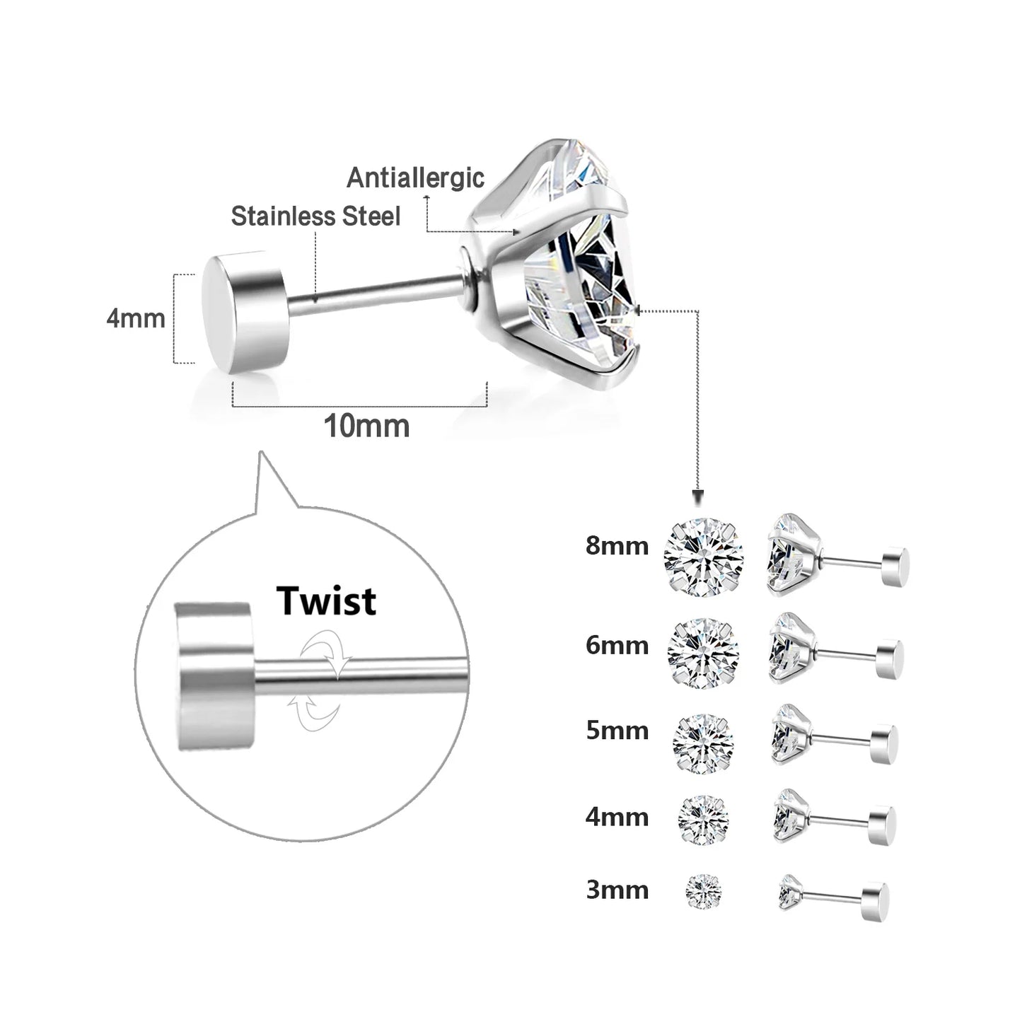 LUXUSTEEL 1Pairs/2Pcs Stainless Steel Crystal Studs Earrings For Women Men 4 Prong Tragus Round Clear Cubic Zirconia Ear Jewe