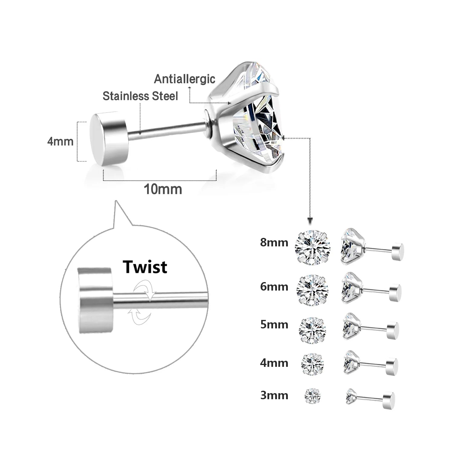 LUXUSTEEL 1Pairs/2Pcs Stainless Steel Crystal Studs Earrings For Women Men 4 Prong Tragus Round Clear Cubic Zirconia Ear Jewe