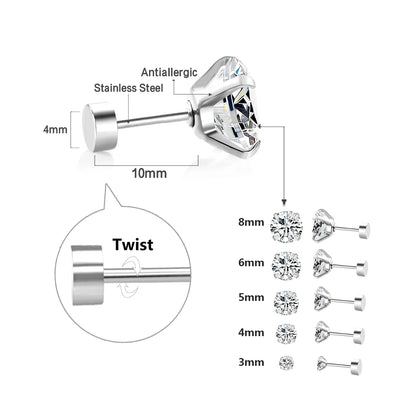 LUXUSTEEL 1Pairs/2Pcs Stainless Steel Crystal Studs Earrings For Women Men 4 Prong Tragus Round Clear Cubic Zirconia Ear Jewe