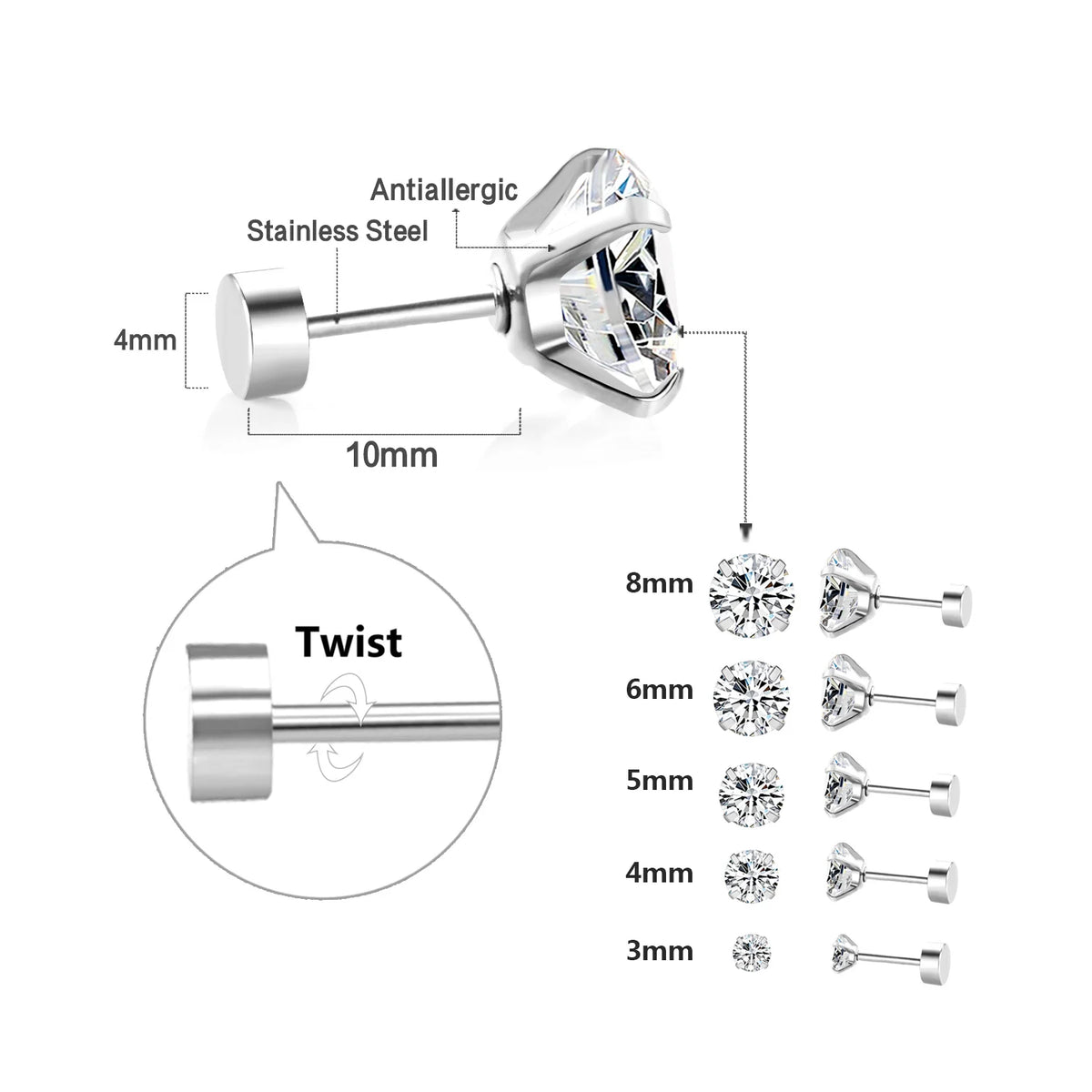 LUXUSTEEL 1Pairs/2Pcs Stainless Steel Crystal Studs Earrings For Women Men 4 Prong Tragus Round Clear Cubic Zirconia Ear Jewe