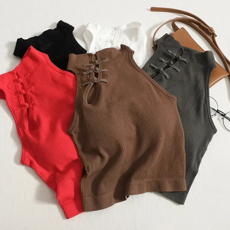 Vintage Hault Tanks Camis For Women Sleeveless Almighty Casual Button Femme Croset Crop Tops With Built in Bras Woman Camisol