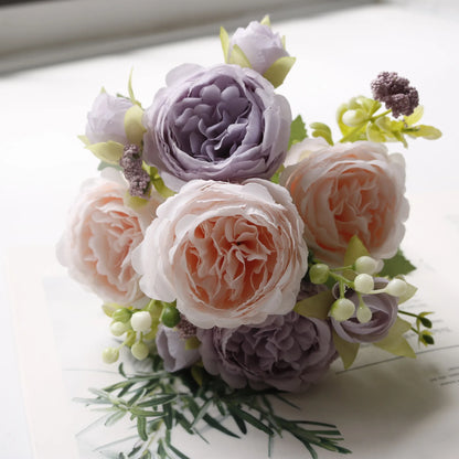 1pcs/30cm Rose Pink Silk Bouquet Peony Artificial Flower 5 Big Head 4 Small Bud Bride Wedding Home Decoration Artifi