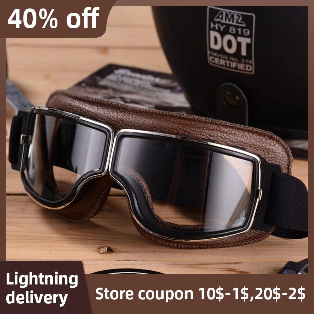 Bicycle Motorcycle Glasses Windproof Motorcycle Helmet Glasses Sunglasses Retro Universal Leather Retro Motorcycle Accessorie